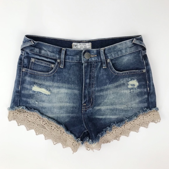 Free People Pants - Free People Lace Trim Denim Distressed Shorts